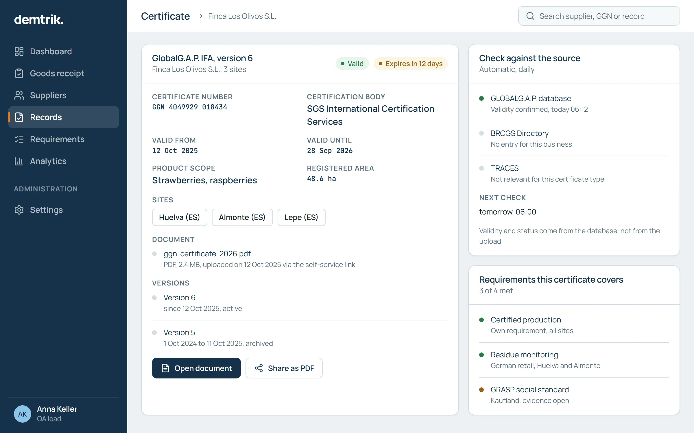 Certificate view with type, validity period, issuing body and the last check against GLOBALG.A.P.