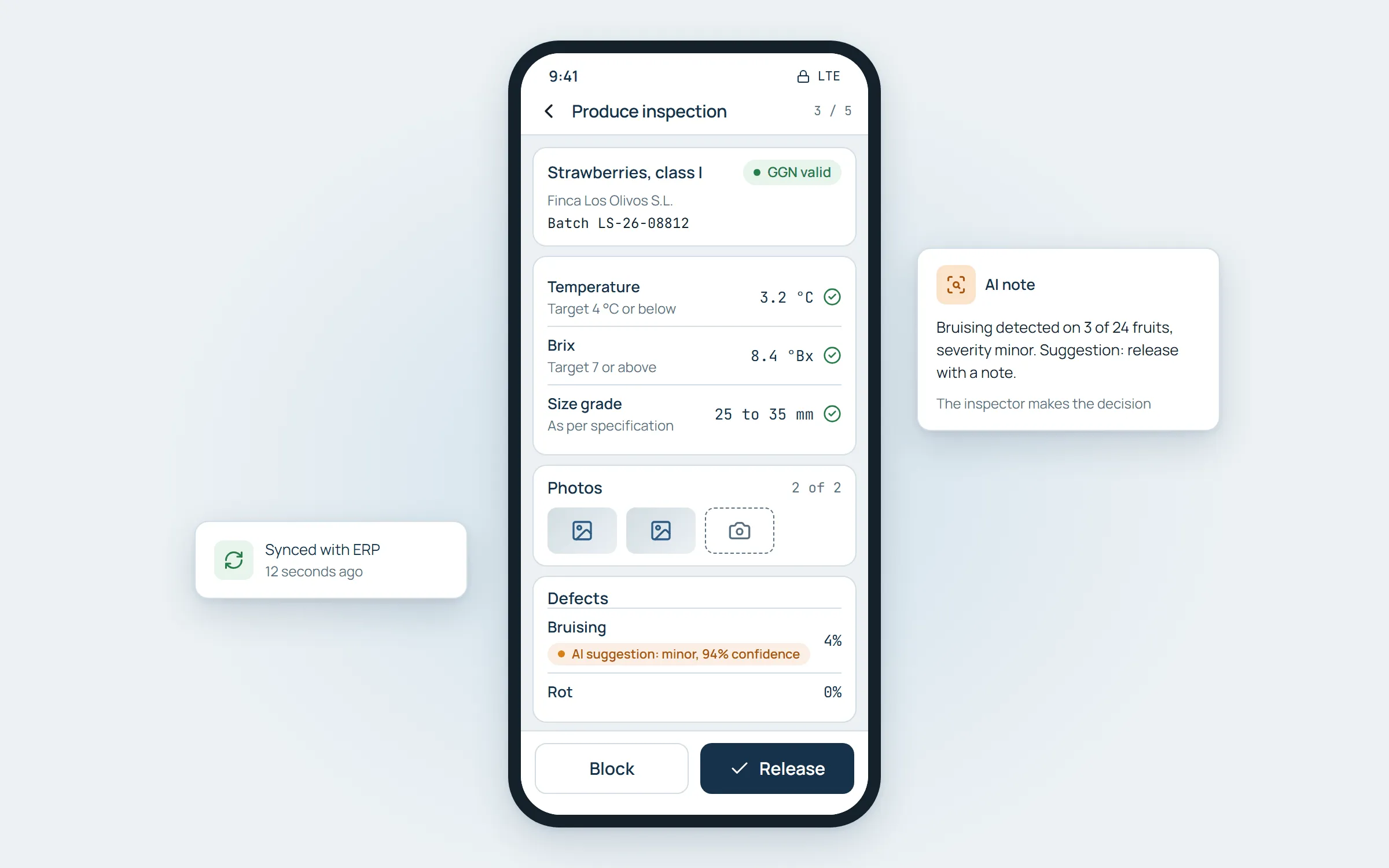 Mobile produce inspection: measurements, photos and defects of a strawberry batch with an AI suggestion and release button