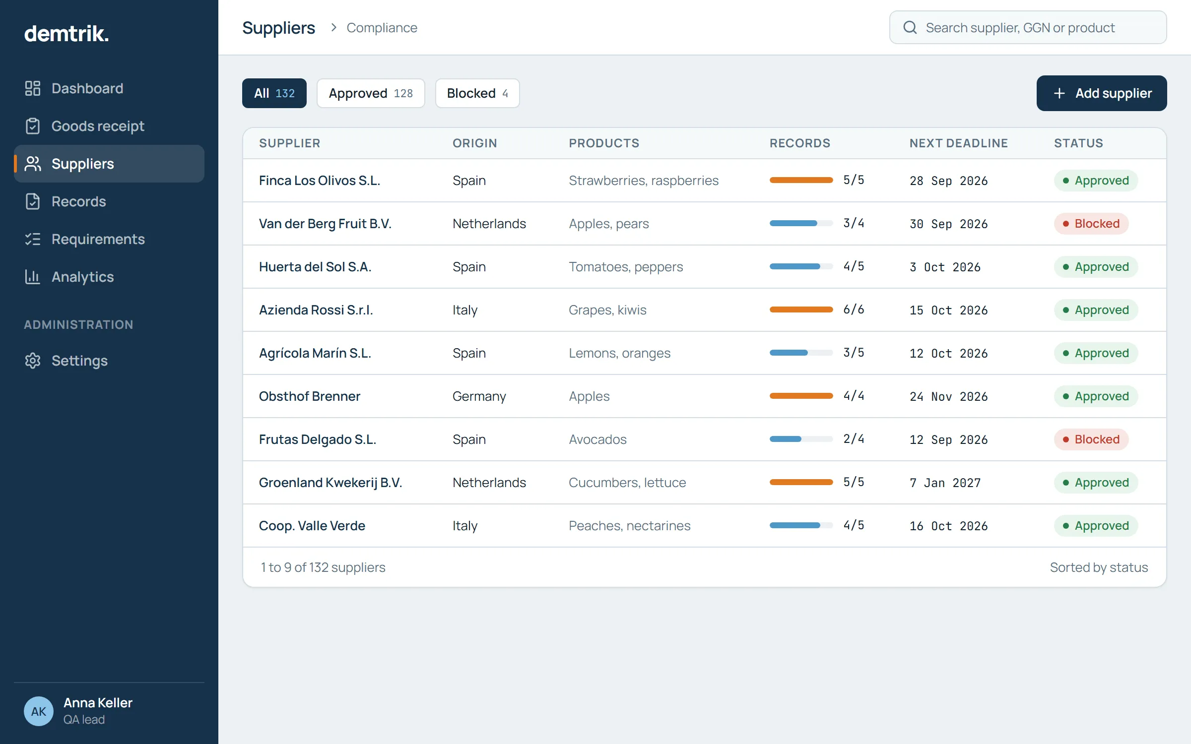 Supplier overview with origin, products, record status, next deadline and approval status per supplier